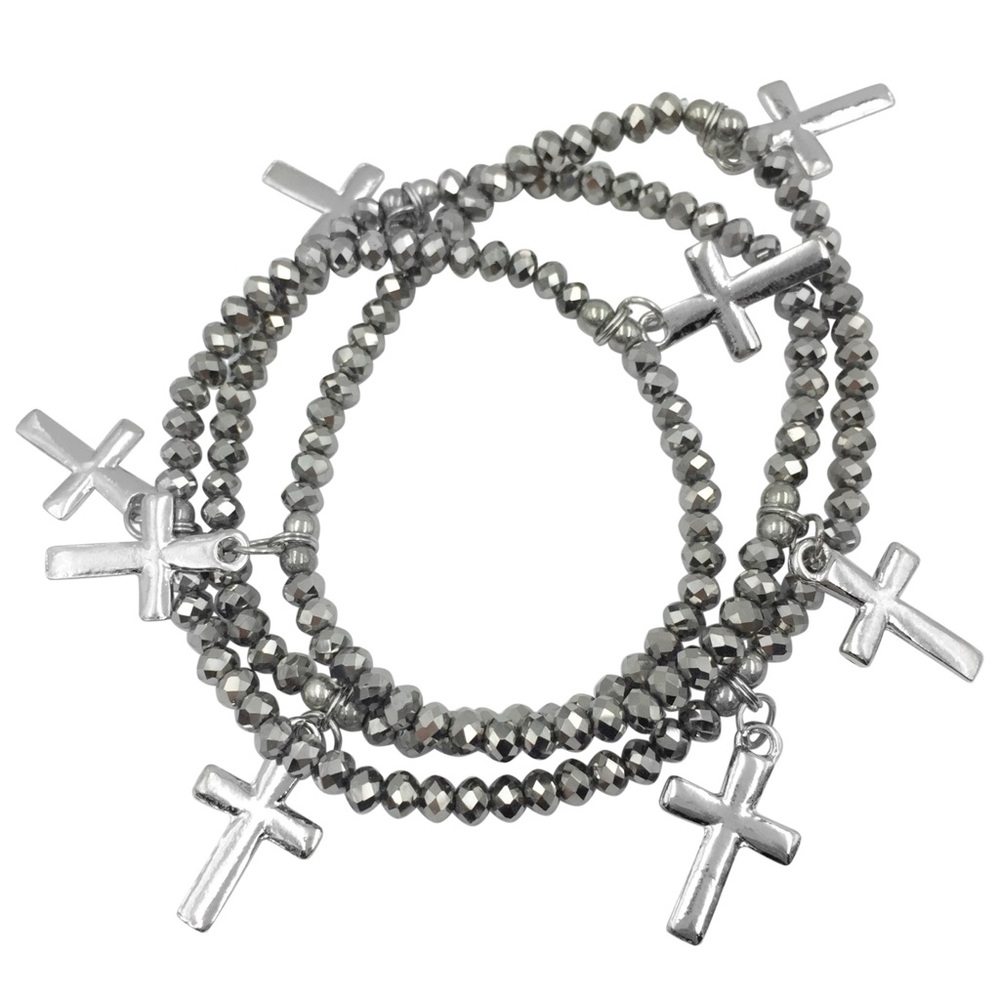 Hematite Grey Glass Stretch Wrap Cross Dangle Charms Bracelet or Necklace